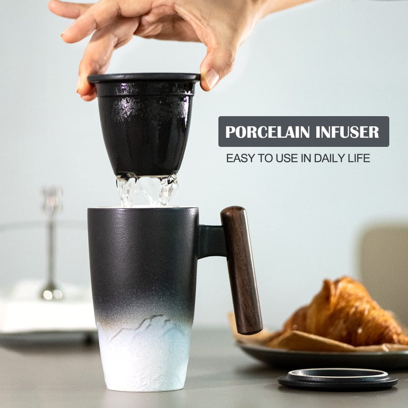 suyika Tomotime Ceramic Tea Cup with Infuser and Lid Tea Mugs Wooden Handle 400ml/13.5oz Black - Image 2